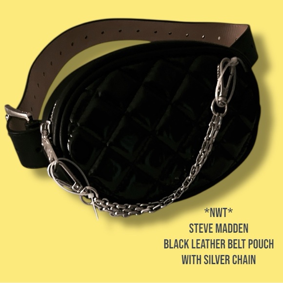 *NWT* Steve Madden Black Leather Belt Pouch with Silver Chain - Women’s Medium - Picture 1 of 4
